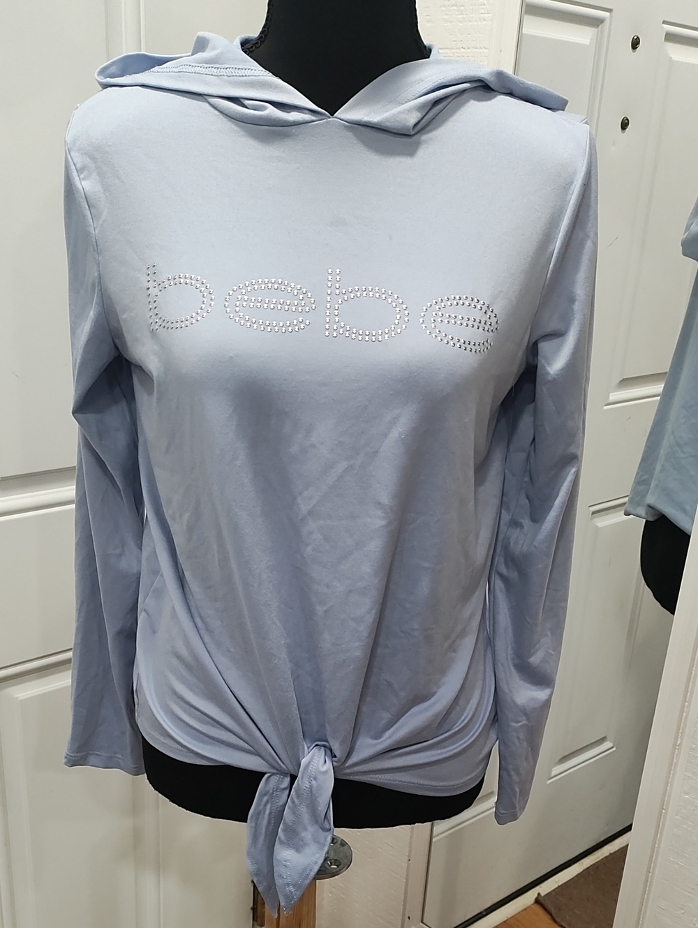 bebe Light Blue Rhinestone Logo Tie-Front Hooded Top